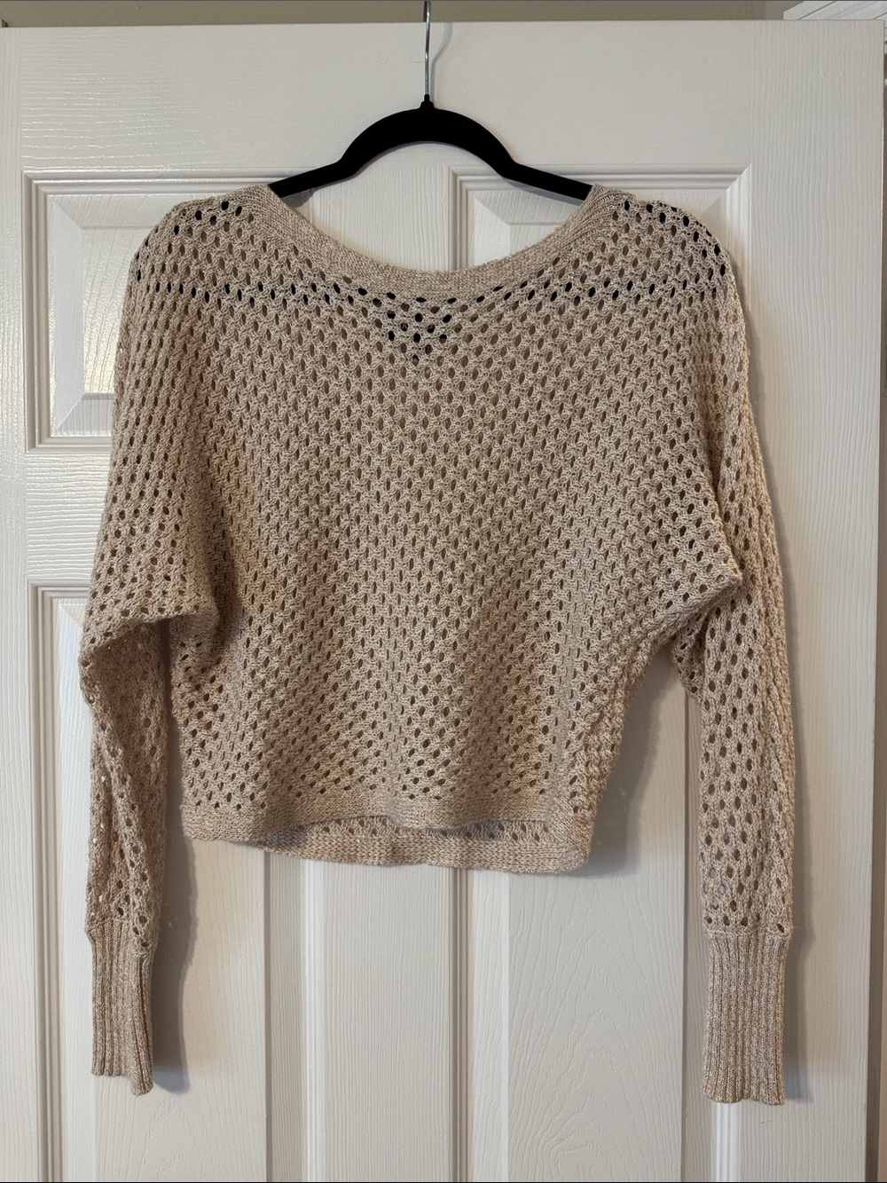 Express Beige Open-Knit Cropped Crewneck Sweater